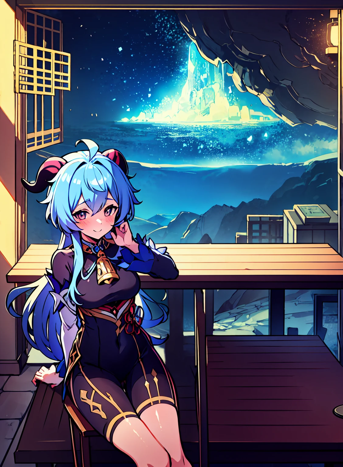 Very detailed,Pieces fly, Highest quality, Anime Images, Anime style etc.., Hired \(Genshin Impact\), Sit at the table, View from above, smile, 1 Girl, Twin Horn, ticker,Fits your body type, I can see the pussy , blush, Colorful pastel fantasy,Sexy pose,Very detailed background,Nice views,Beautiful and beautiful scenery,((Very detailed landscape)),Incredibly high quality,Night Sky