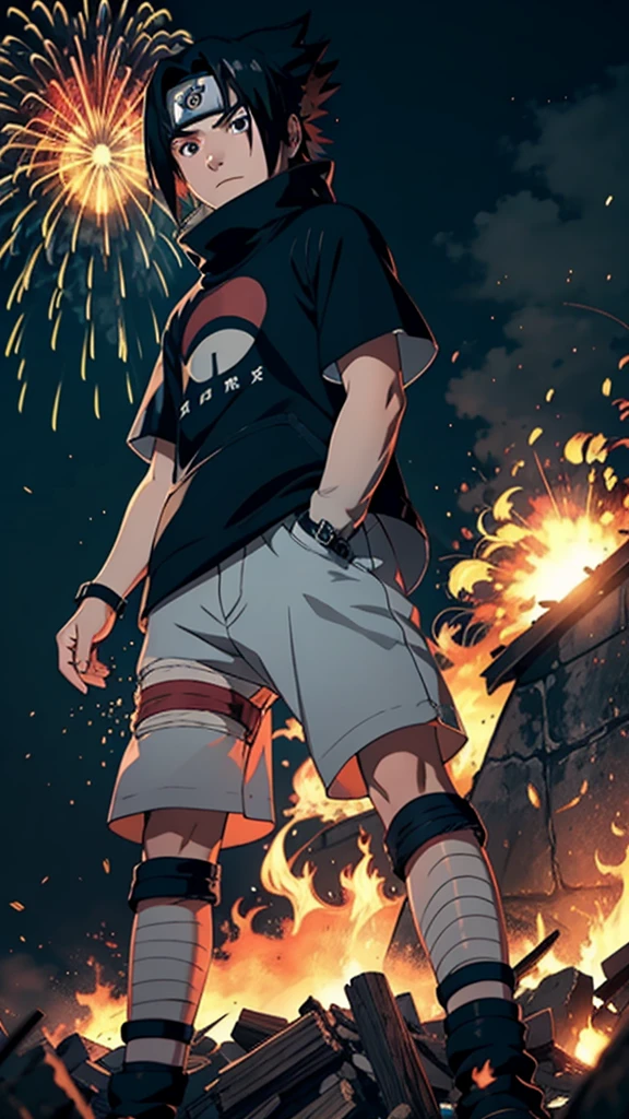 1 boy, Sasuke Uchiha, wearing a black t shirt , Uchiha mark on t shirt , red glowing detailed eyes, bonfire night, best quality, 3D figure, octane rendered, 24K resolution, extremely detailed , Parallax effect, ultra HD, 4K