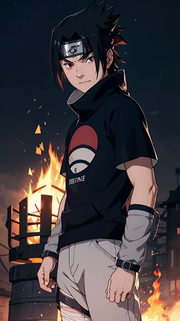 1 boy, Sasuke Uchiha, wearing a black t shirt , Uchiha mark on t shirt , red glowing detailed eyes, bonfire night, best quality, 3D figure, octane rendered, 24K resolution, extremely detailed , Parallax effect, ultra HD, 4K