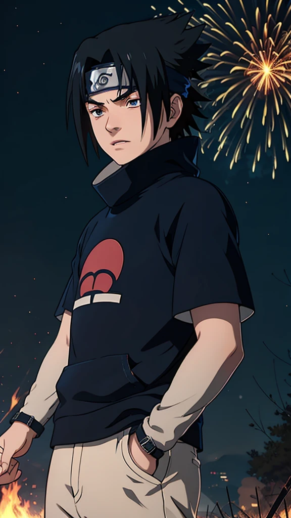 1 boy, Sasuke Uchiha, wearing a black t shirt , Uchiha mark on  t shirt , red glowing detailed eyes, bonfire night, best quality, 3D figure, octane rendered, 24K resolution, extremely detailed , Parallax effect, ultra HD, 4K
