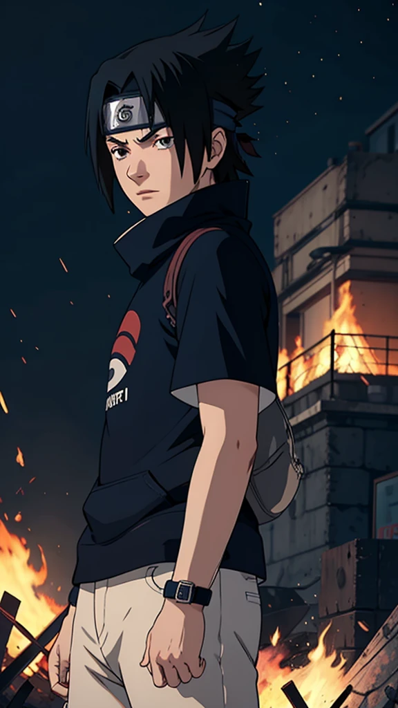 1 boy, Sasuke Uchiha, wearing a black t shirt , Uchiha mark on  t shirt , red glowing detailed eyes, bonfire night, best quality, 3D figure, octane rendered, 24K resolution, extremely detailed , Parallax effect, ultra HD, 4K