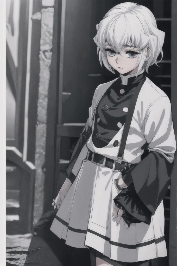 girl with short white hair, white eyes, demon slayer uniform, highly detailed high contrast hd masterpiece of best quality in high resolution