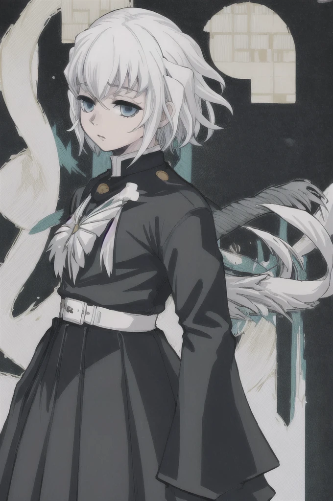 girl with short white hair, white eyes, demon slayer uniform, highly detailed high contrast hd masterpiece of best quality in high resolution