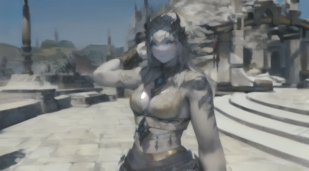 A beautiful female Hrothgar from Final Fantasy 14, pale grey skin, long white hair, detailed facial features, ornate dark clothing, intricate tribal tattoos, standing in a magical fantasy landscape, glowing magical runes, dramatic lighting, cinematic composition, highly detailed, photorealistic, 8k, masterpiece