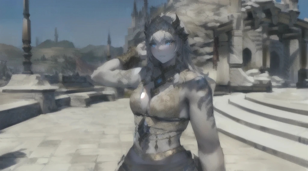 A beautiful female Hrothgar from Final Fantasy 14, pale grey skin, long white hair, detailed facial features, ornate dark clothing, intricate tribal tattoos, standing in a magical fantasy landscape, glowing magical runes, dramatic lighting, cinematic composition, highly detailed, photorealistic, 8k, masterpiece