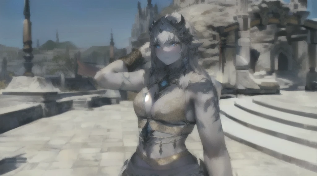 A beautiful female Hrothgar from Final Fantasy 14, pale grey skin, long white hair, detailed facial features, ornate dark clothing, intricate tribal tattoos, standing in a magical fantasy landscape, glowing magical runes, dramatic lighting, cinematic composition, highly detailed, photorealistic, 8k, masterpiece