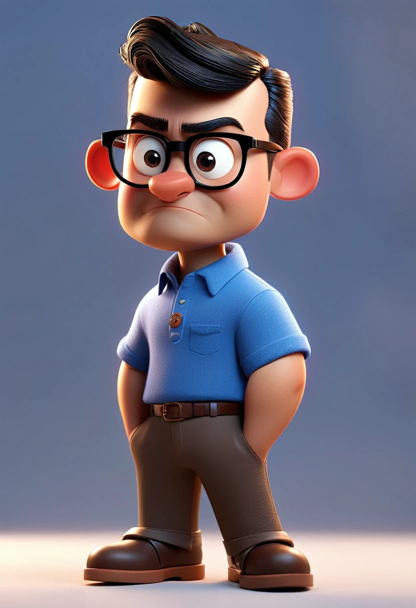 Cartoon character of a man with black glasses and a blue shirt, animation character, Caractere estilizado, animation style rendering, 3D estilizado, Arnold Maya render, 3 d render stylized, toon render keyshot, Personagem 3D, Personagem 3D, 3d rendering stylized, 3 d character render, personagem de desenho animado, Personagem de close up, Pose de personagem,  (Estilo Pixar) (master part:1.2) (Bokeh) (best quality) (pele detalhada) (textura detalhada) (8k) (argila) (Cinematic lighting) (foco nítido