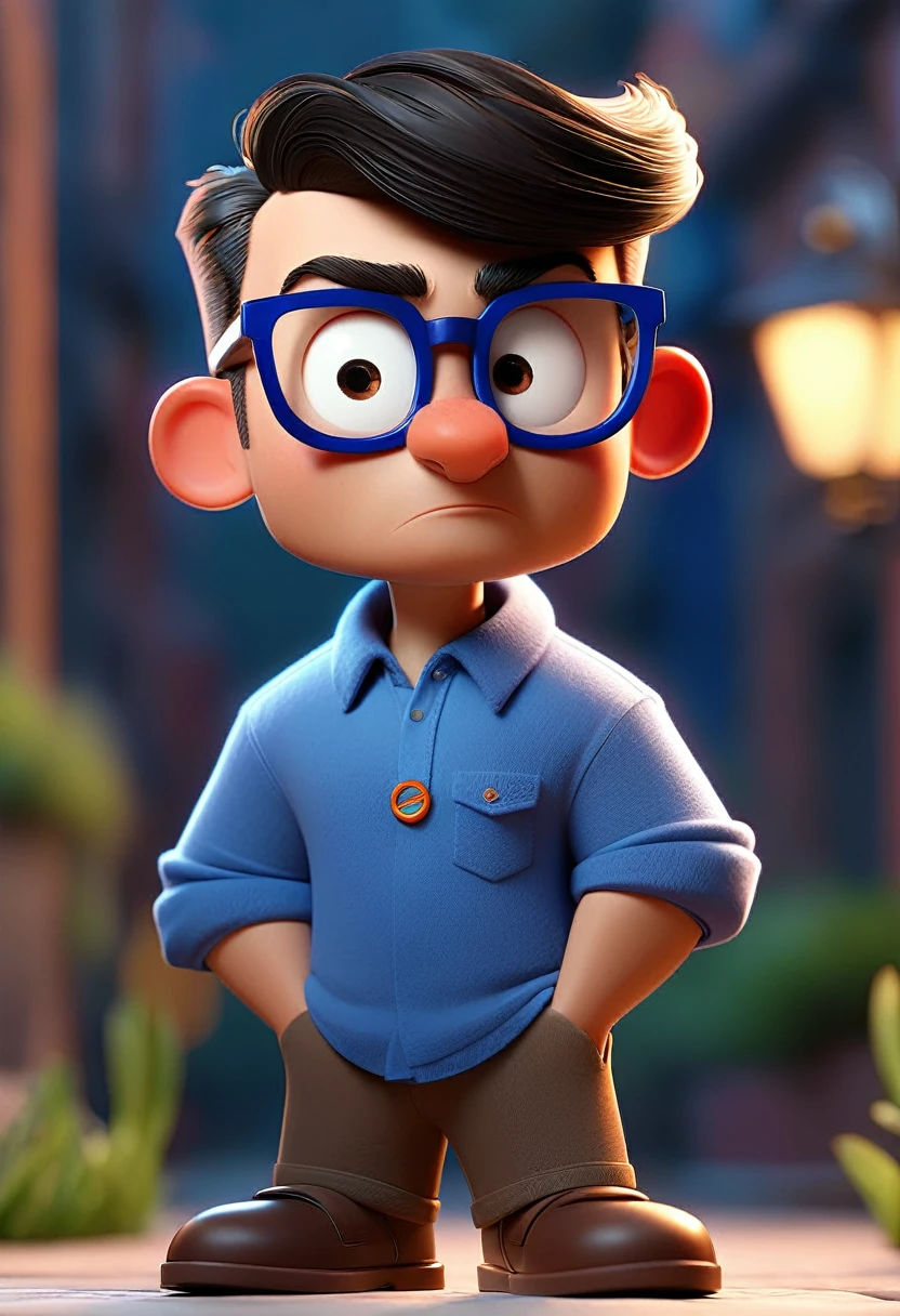 Cartoon character of a man with black glasses and a blue shirt, animation character, Caractere estilizado, animation style rendering, 3D estilizado, Arnold Maya render, 3 d render stylized, toon render keyshot, Personagem 3D, Personagem 3D, 3d rendering stylized, 3 d character render, personagem de desenho animado, Personagem de close up, Pose de personagem,  (Estilo Pixar) (master part:1.2) (Bokeh) (best quality) (pele detalhada) (textura detalhada) (8k) (argila) (Cinematic lighting) (foco nítido