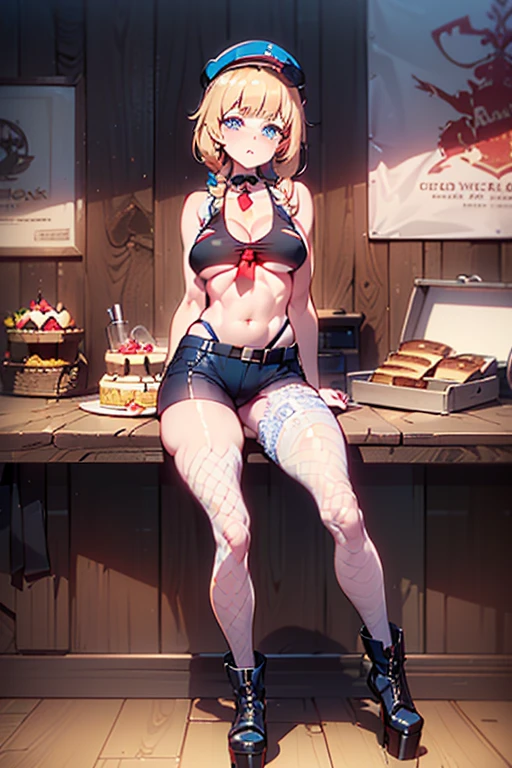 (perky chest:1.2), (pointed chest:1.2),(((Black Tunic:1.3))),(((cakes and bread in the basket),Cute and beautiful girl,masterpiece、highest quality、Very detailed、Beautiful fine details、One Girl、Detailed landscape、Training gym Room Background:1.4、Braided Ponytail、Red camisole、((B cup breasts, Tank top showing underboob:1.3)), black jacket, thigh strap, bangs, necktie, earrings, nail polish, fishnet pantyhose, multicolored hair, looking at viewer, full body, bottle, own hands together, belt, food, animal on head, black necktie, ring, choker, english text paper:1.2, collared shirt, blue eyes, platform boots, hat,lace-up boots ,