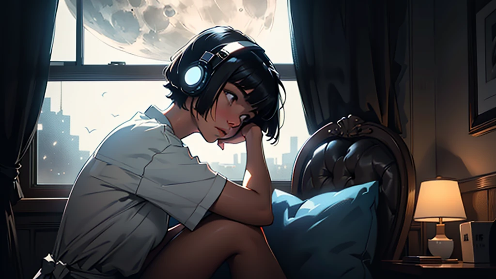 Create a highly detailed beautiful woman, Perfect face,Black Hair, bob cut,Illustration of bangs, Sitting sideways at the window of her room, She is wearing headphones,Expressing sadness and introspection, The moonlight shines softly into the room, Gently illuminate the space, The curtains sway in the breeze, Enhance tranquility, melancholic atmosphere, Emphasizes the theme of loneliness, Be quiet, and late at night, The room is dark,But the moonlight slightly illuminates the room