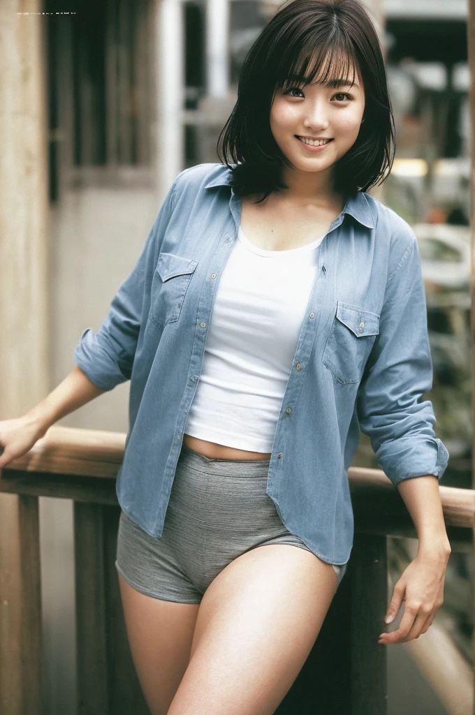 (((One girl,alone))),(Highly realistic photos, High resolution, Detailed face, Beautiful Eyes) Japanese women, 21 years old, Cute face, alone:1, Nice body, Plump figure, Medium chest, ,Hairstyle,  Take a photo book,Blade Runner,shirt、Healthy Body,smile,Thighs