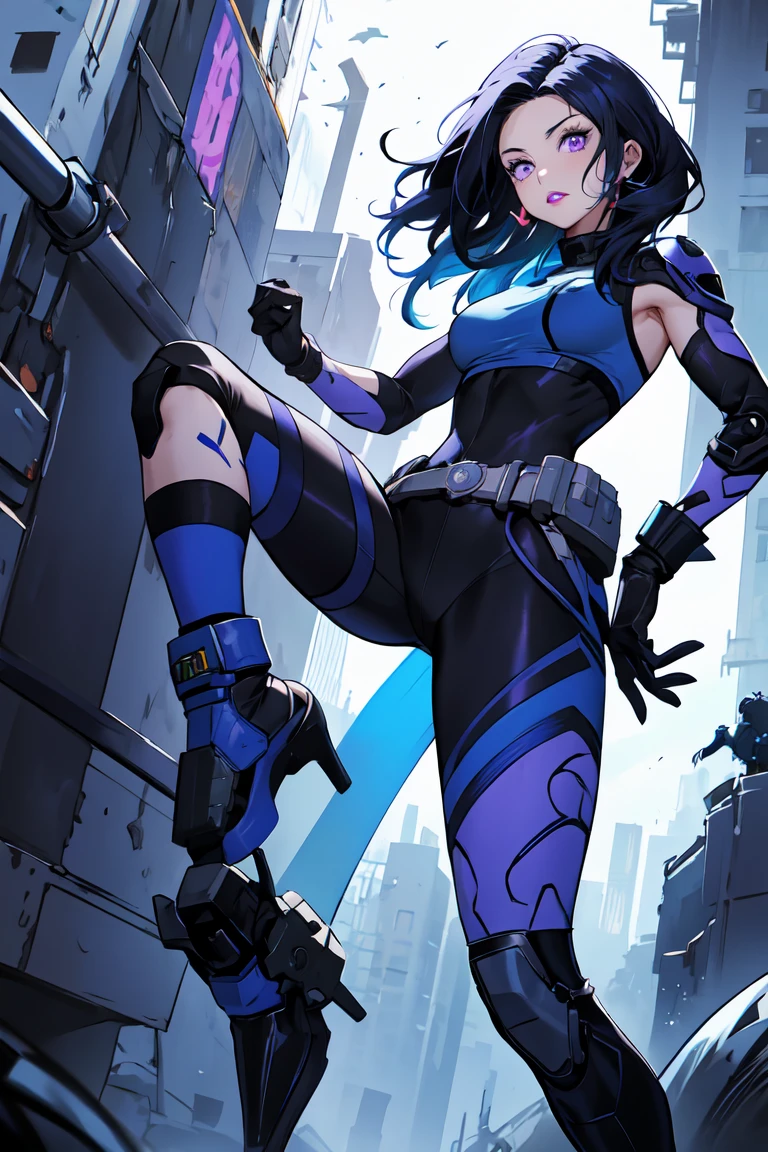 1. Light skinned woman 2. Long spiky navy blue hair/dark 3. lips painted blue and purple 4. Purple eyes 5. Attractive clothing with technological implants whose predominant colors are Blue and Purple (Example Alita from Battle Angel) 6. wears dark blue boots 7. He has blue gloves 8. Both his arms and legs are uncovered., that is to say, his technological combat suit only covers his torso, waist and chest, the elbows, arms and legs are uncovered.