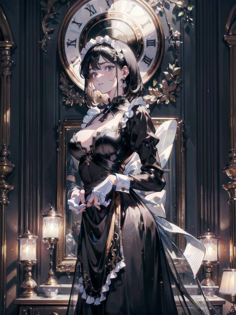 absurdres, RAW photo, extremely delicate and beautiful, masterpiece, Best Quality, ultra high resolution, 32k, hyperrealistic, ultra-detailed, delicate facial features, beautiful detailed woman, tearful mole, earring, medium breasts, full body shot, medium hair, black hair, maid costume,