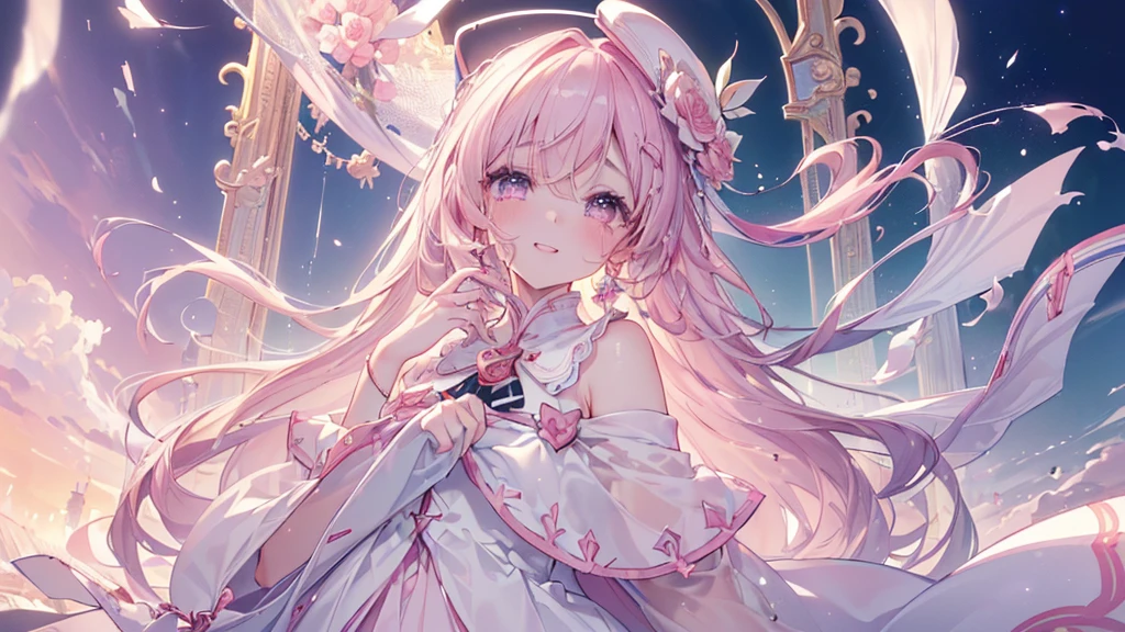 (((Highest quality、masterpiece、Ultra-fine、Ultra-fine、Exquisite、16K、Full HD,high school girl,))) 、Asahi,Dark Eyes、Long eyelashes、White skin、(Pale pink lips、Pale pink cheeks、thin and long)、 ((cute)) ((One person)) 、((tears,The best smile)) 、Wide Shot、epic proportion)、