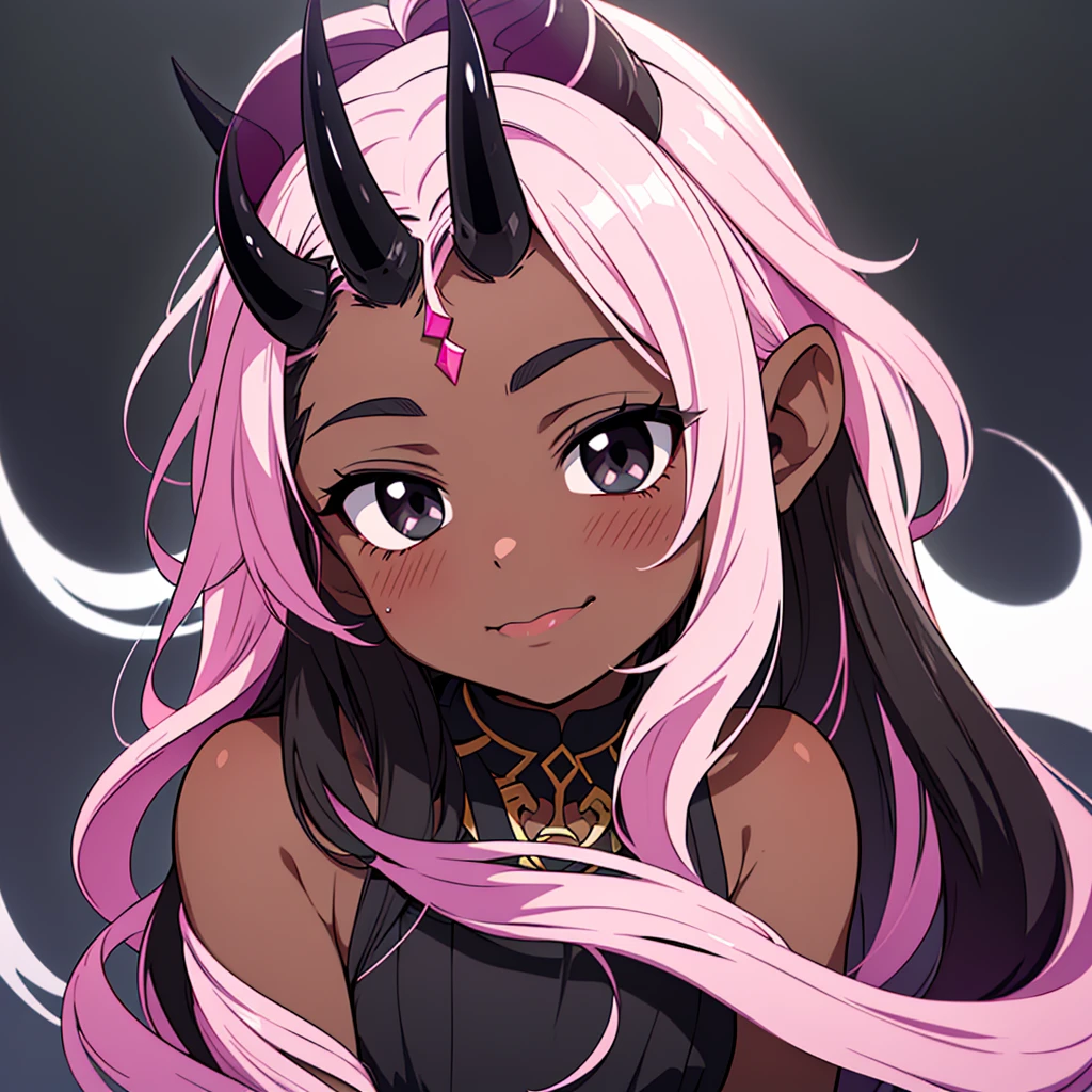 portrait, of an incubus ((male character)), with dark black skin, long flowing mixed hair ((smoky texture hair)), staring at the viewer ((black eyes, tender and melancholic look)), smiling sadly (( thin lip, slightly pink)), disintegrating little by little on the right side of the face, horn ((small horn, two black horns, on the forehead)).