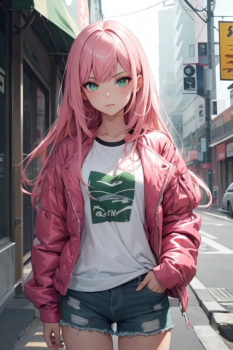 ((1 Girl)), Latest Fashion Trends ,Open chest,Jacket ,T-Shirts, Shorts, Keep your hands in your pockets ,((Very detailed,Highest quality, High resolution, 8k wallpaper, Beautiful clothes,)),((Pink Hair, Long Hair,Straight hair,Both sides up)) ,(Green Eyes),eye shadow, eyeliner,Glowing Eyes, Very detailedな目, Complex eyes, Beautiful Eyes, 輝くGreen Eyes,18-year-old girl