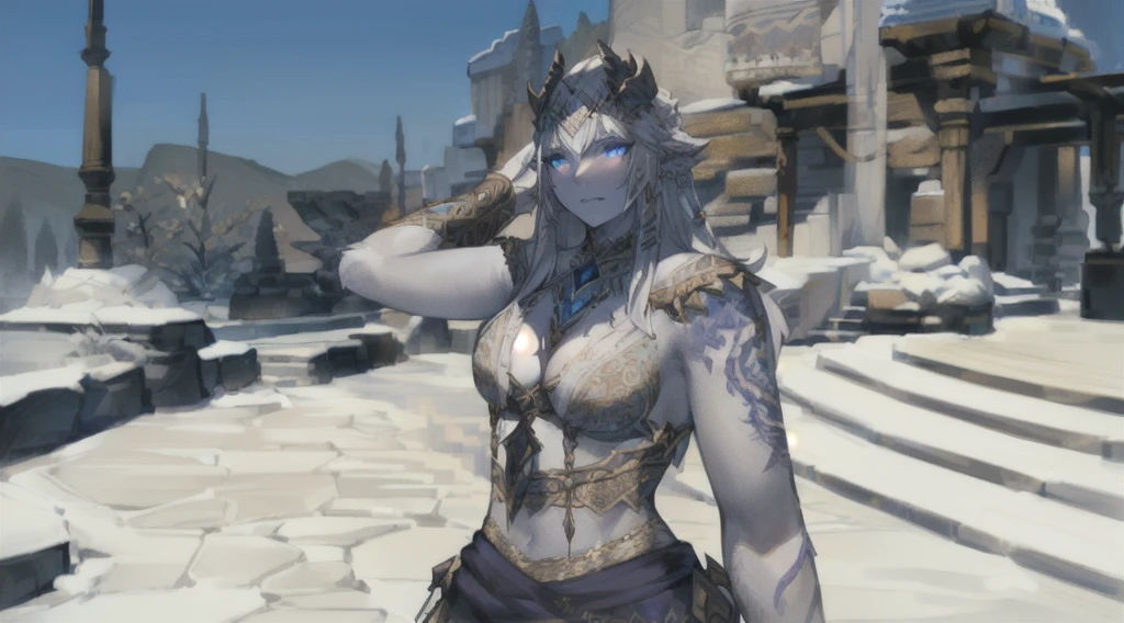 A beautiful female Hrothgar from Final Fantasy 14, pale grey skin, long white hair, detailed facial features, ornate dark clothing, intricate tribal tattoos, standing in a magical fantasy landscape, glowing magical runes, dramatic lighting, cinematic composition, highly detailed, photorealistic, 8k, masterpiece
