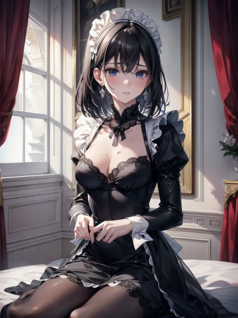 absurdres, RAW photo, extremely delicate and beautiful, masterpiece, Best Quality, ultra high resolution, 32k, hyperrealistic, ultra-detailed, delicate facial features, beautiful detailed woman, tearful mole, earring, medium breasts, full body shot, medium hair, black hair, maid costume,