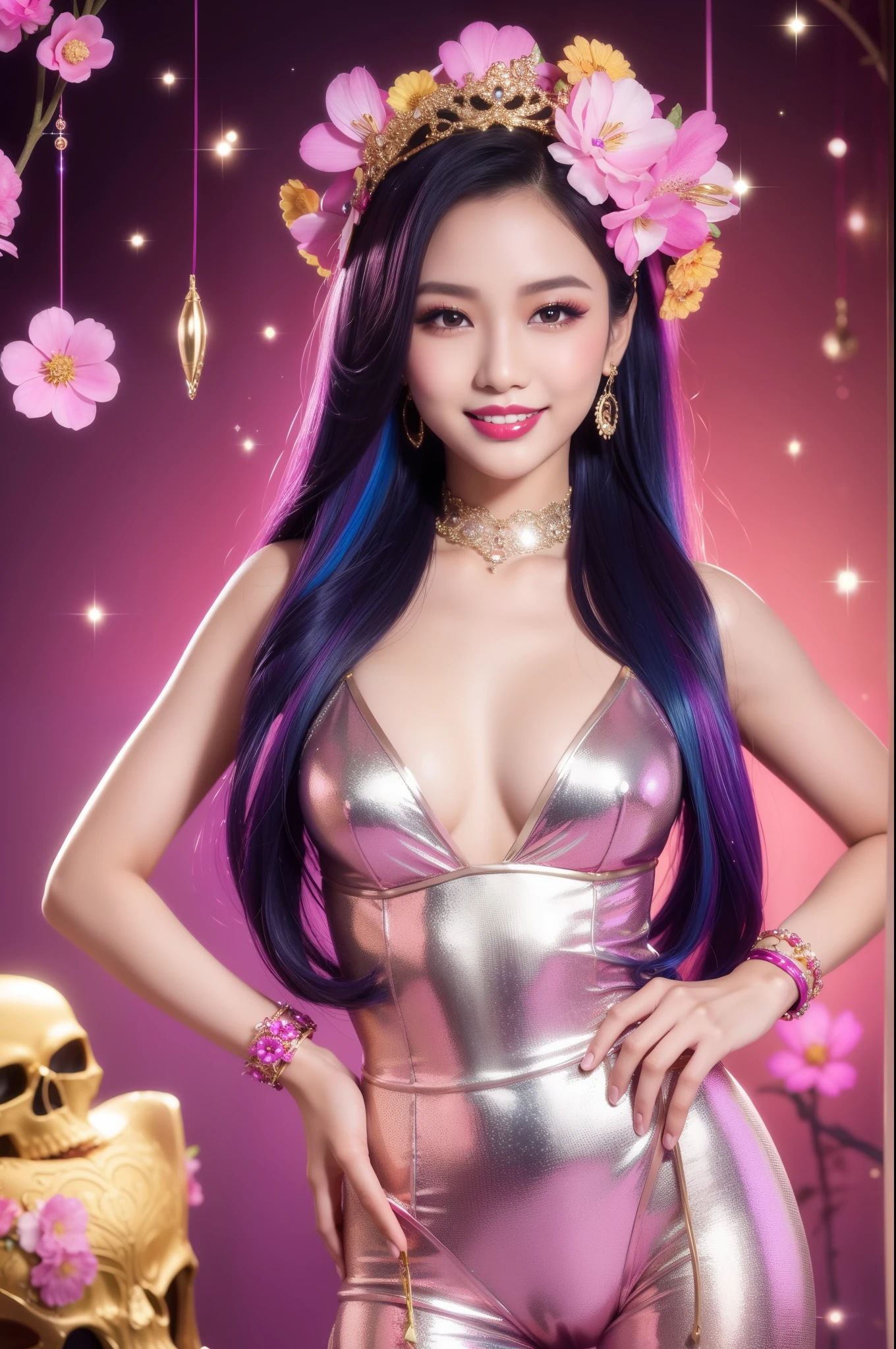 sexy Thai model who controls poison、beautiful smile、lip-gloss、bold lipstick、metallic makeup、look at the camera、full body Esbian、、sparkling poisoned flower costume、、、、sparkling Colorful hair、secrete poison、skull hair accessories、sexy tights、shiny sparkling flowers background