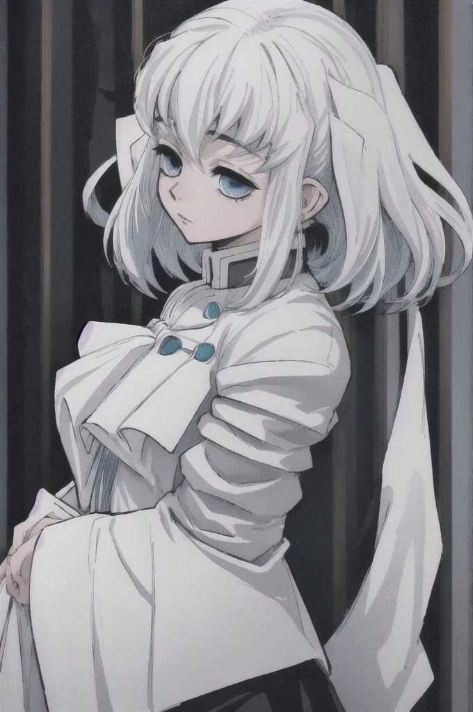 girl with short white hair, white eyes, demon slayer uniform, highly detailed high contrast hd masterpiece of best quality in high resolution