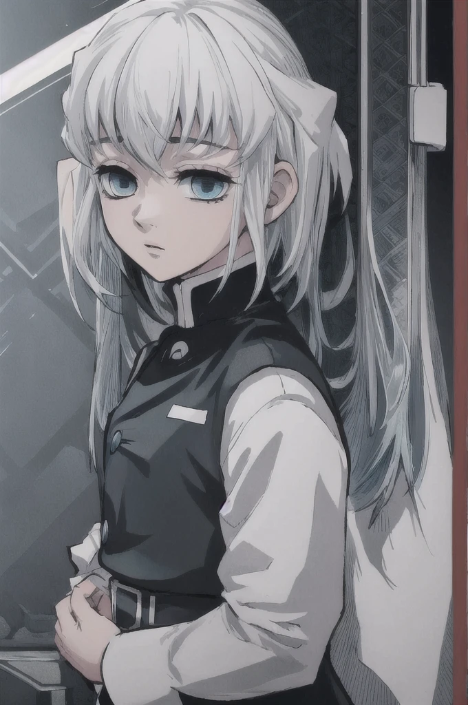 girl with short white hair, white eyes, demon slayer uniform, highly detailed high contrast hd masterpiece of best quality in high resolution