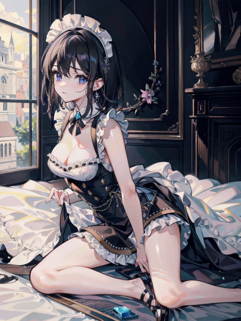 absurdres, RAW photo, extremely delicate and beautiful, masterpiece, Best Quality, ultra high resolution, 32k, hyperrealistic, ultra-detailed, delicate facial features, beautiful detailed woman, tearful mole, earring, medium breasts, full body shot, medium hair, black hair, maid costume,