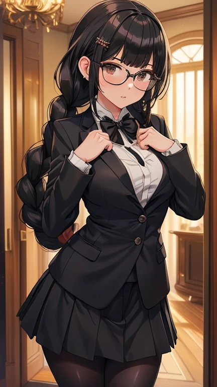 (Masterpiece:1.5), (big breasts), 1 girl, young woman, (beautiful girl:1.5), (Extremely detailed and delicate anime face and eyes:1.5), whole body, (natural light, HDR, extremely CG details:1.3), (dynamic posture:1.3), {correct body anatomy}, (Wide hips:1.4), (perfect hands:1.3), Unique approach, Toned body, beautiful lips, thick lips, {Surreal}, {correct posture}, {minute details}, {detailed body}, {Detailed clothing}, {bright Eyes}, (neckline:1.3), {accessories}, {sexy}, {Alone}, (dead negro:1.5), (Black school uniform:1.3), (Short black blazer:1.5), (black blouse:1.3), long sleeve jacket, short Skirt, Skirt, (bow tie:1.3), black glasses, Hair clip, jewelry, earrings, (black pantyhose:1.3), moccasins, twin braids, (black fur:1.3), hime cut bangs, Brown eyes, disdain,
gathered close to the chest + happy), high resolution commission, Pixiv 3DCG,