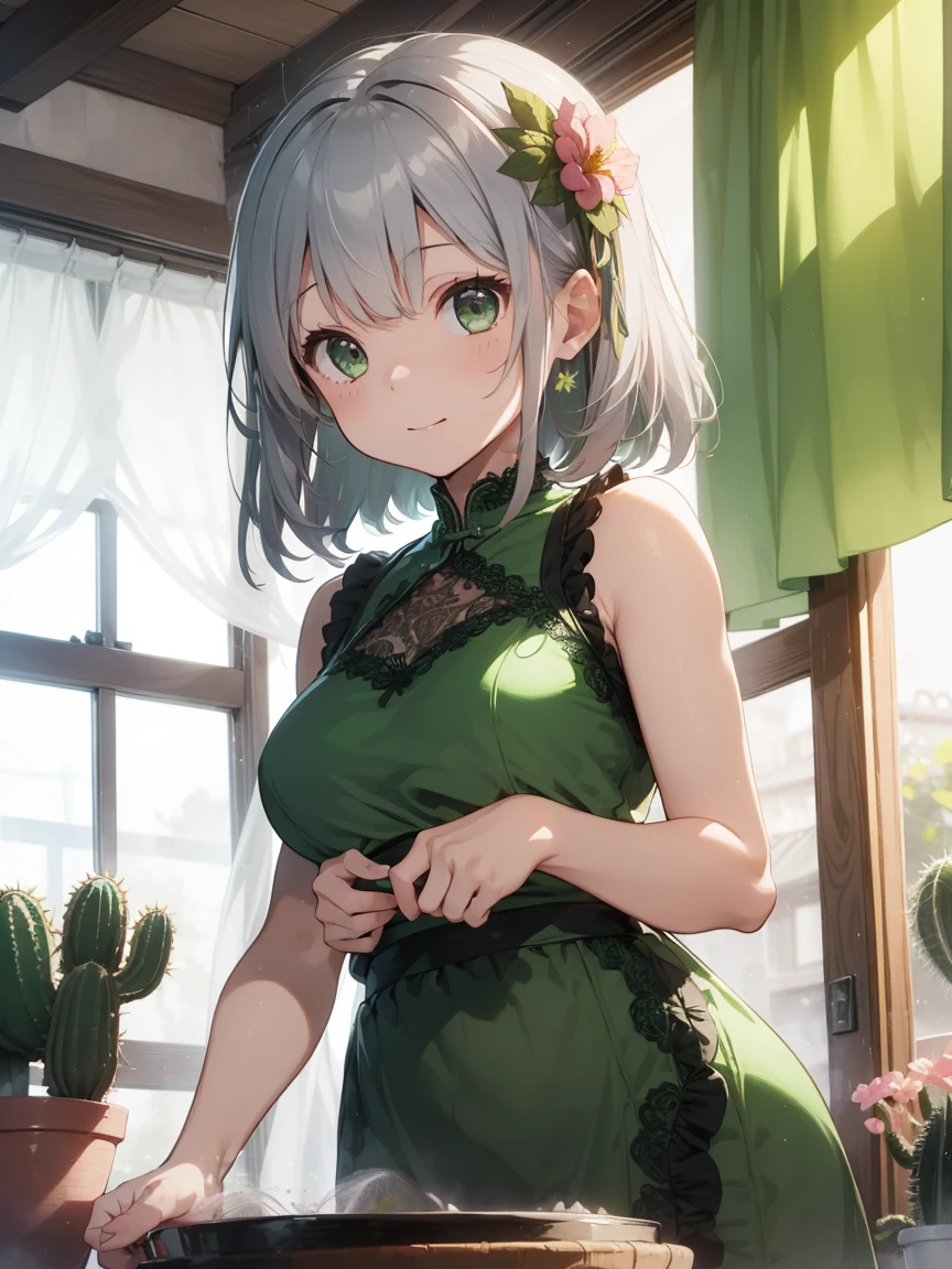 (Best image quality)、(Ultra-detailed)、(Look forward)、Highest quality、masterpiece、(((One Girl)))、、With a girl、Silver Hair、Gray Hair、((Long Hair))、Bob Hair、Long sideburns、Grey Eyes、(Green Chinese Dress)、((Green Ceramic Dress))、pastel colored raid clothes、Frilled hair accessory、Lots of frills、Lots of ribbons、Pink Ribbon、She has a pretty, expressive face、Fluffy and spreading hair、(((Lace curtains)))、(Dreamy)、(Flower Field)、Cactus flowers、Laughter、I have a pot with a cactus in it.、