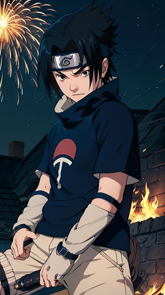 1 boy, Sasuke Uchiha, wearing a black t shirt , Uchiha mark on t shirt , red glowing detailed eyes, bonfire night, best quality, 3D figure, octane rendered, 24K resolution, extremely detailed , Parallax effect, ultra HD, 4K