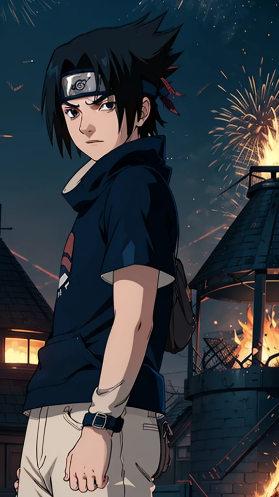 1 boy, Sasuke Uchiha, wearing a black t shirt , Uchiha mark on  t shirt , red glowing detailed eyes, bonfire night, best quality, 3D figure, octane rendered, 24K resolution, extremely detailed , Parallax effect, ultra HD, 4K