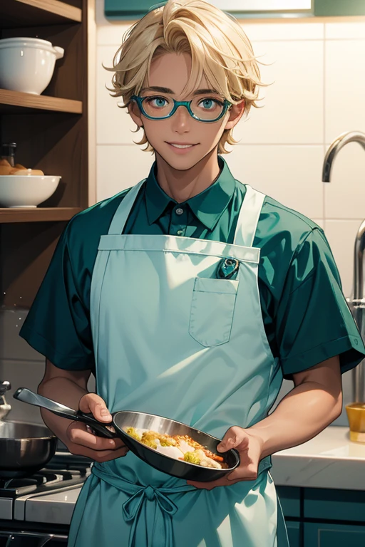 Teenage man with dark skin, short blond hair, green eyes, and blue glasses. He wears a teal chef's outfit and holds a frying pan in one hand. Smiling.