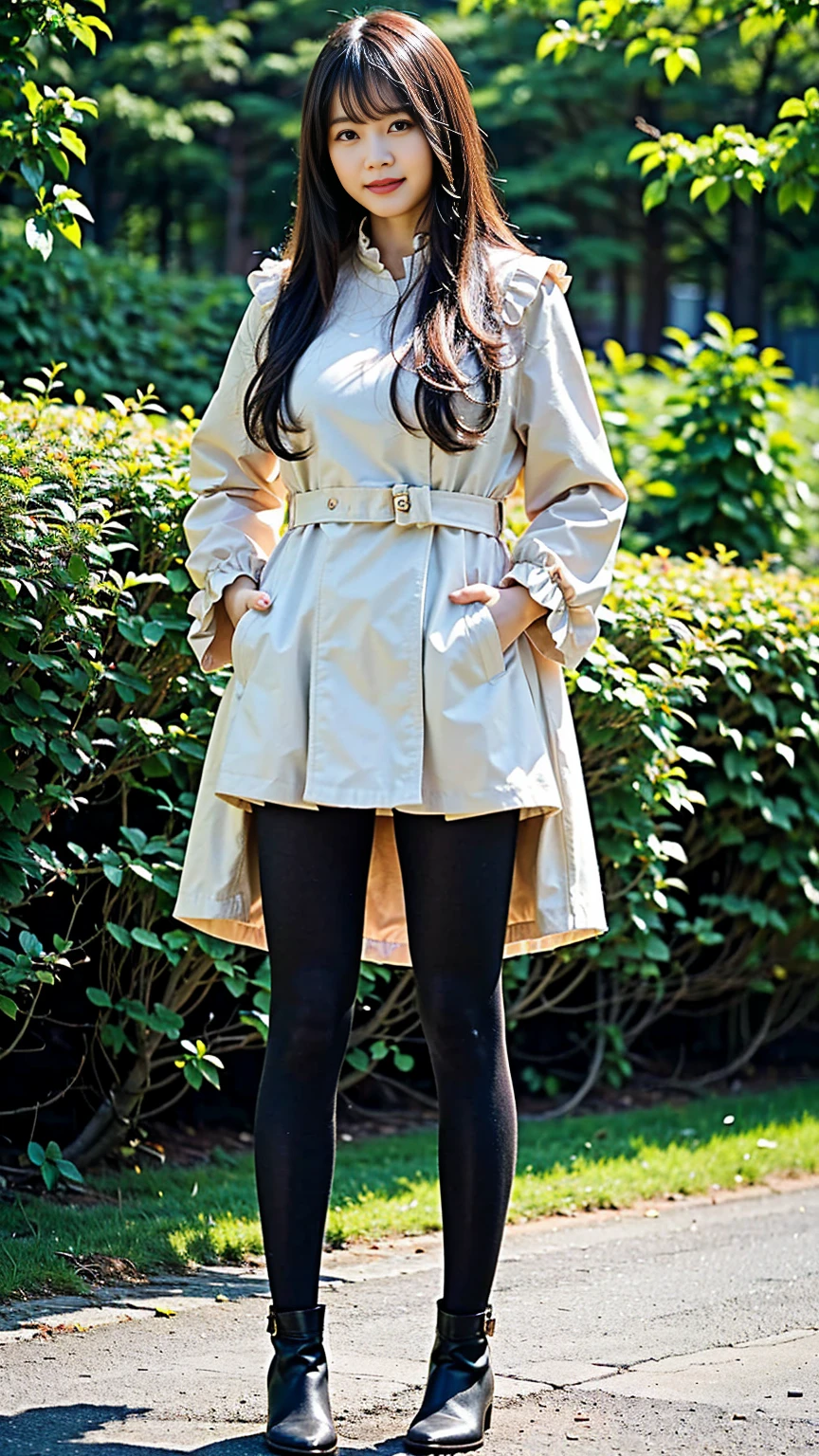 (8K、RAW Photos、Highest quality、masterpiece:1.2)、(Realistic、Realistic)、1 Girl、((garden、coat、smile、Large Breasts、tights、Black Easy Through、Frills、Semi-long hair、boots、Look forward、Stand with hands on hips))、