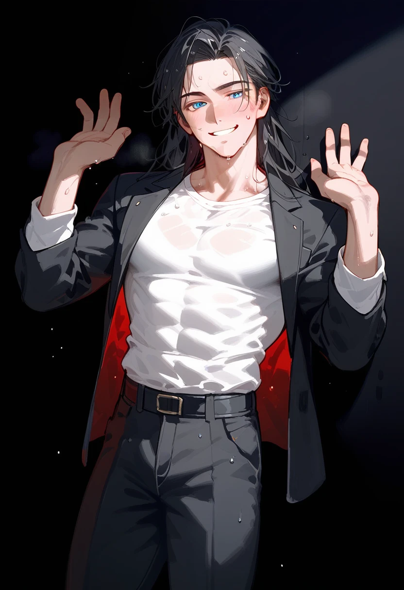 (masterpiece, High resolution, Super detailed:1.0), (1 male, Adult male, Soft and handsome face), Very high, the right amount of muscle, Detailed face, (black hair, medium long hair), (blue eyes, half-open eyes), (Wearing only a half-open white shirt, Black suit pants), (Slightly red cheeks, sweat, Playful, Seductive smile:1.3), (light black background, hands supporting the wall, looking at the audience)