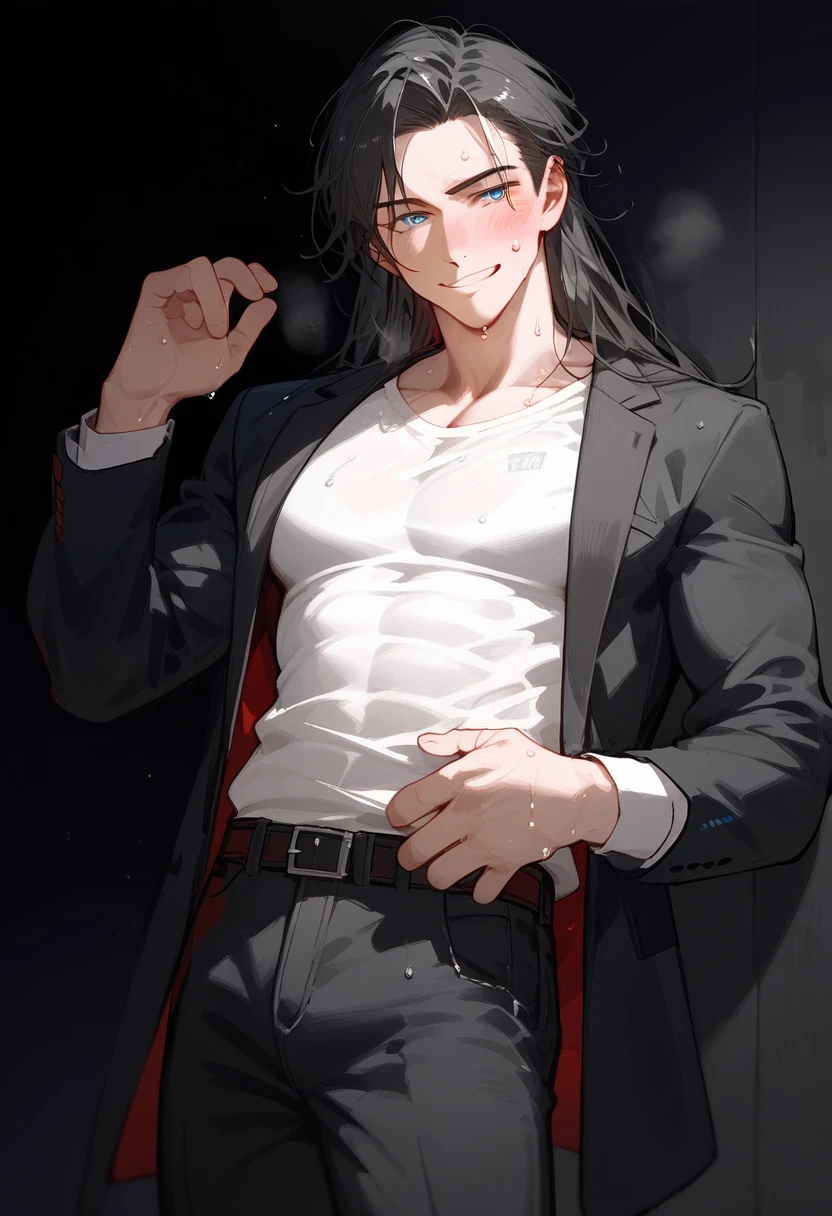 (masterpiece, High resolution, Super detailed:1.0), (1 male, Adult male, Soft and handsome face), Very high, the right amount of muscle, Detailed face, (black hair, medium long hair), (blue eyes, half-open eyes), (Wearing only a half-open white shirt, Black suit pants), (Slightly red cheeks, sweat, Playful, Seductive smile:1.3), (light black background, hands supporting the wall, looking at the audience)