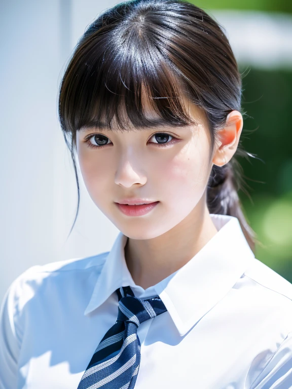 1 girl, Solo, japanaese girl, , (Best Quality, Photorealistic, High resolution, 8K, Ultra-detailed, Detailed face, Shiny skin), Japanese , Collared shirt, White shirt, Ribbon tie, Black hair, choppy bangs, Ponytail,