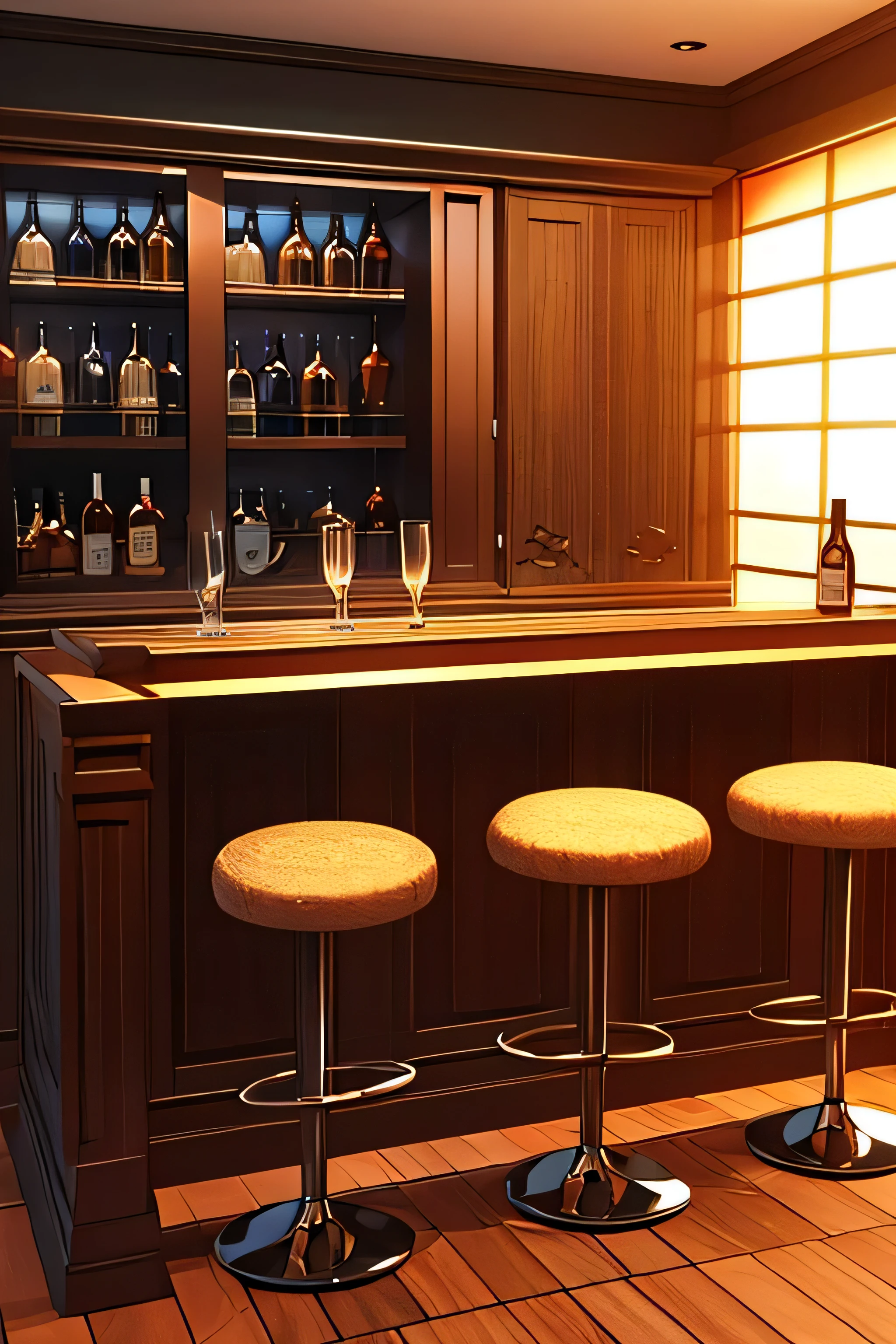 Drinks cabinet, bar, dim lighting. Bottles and glasses in the background... Animation style, 3D anime scenery.