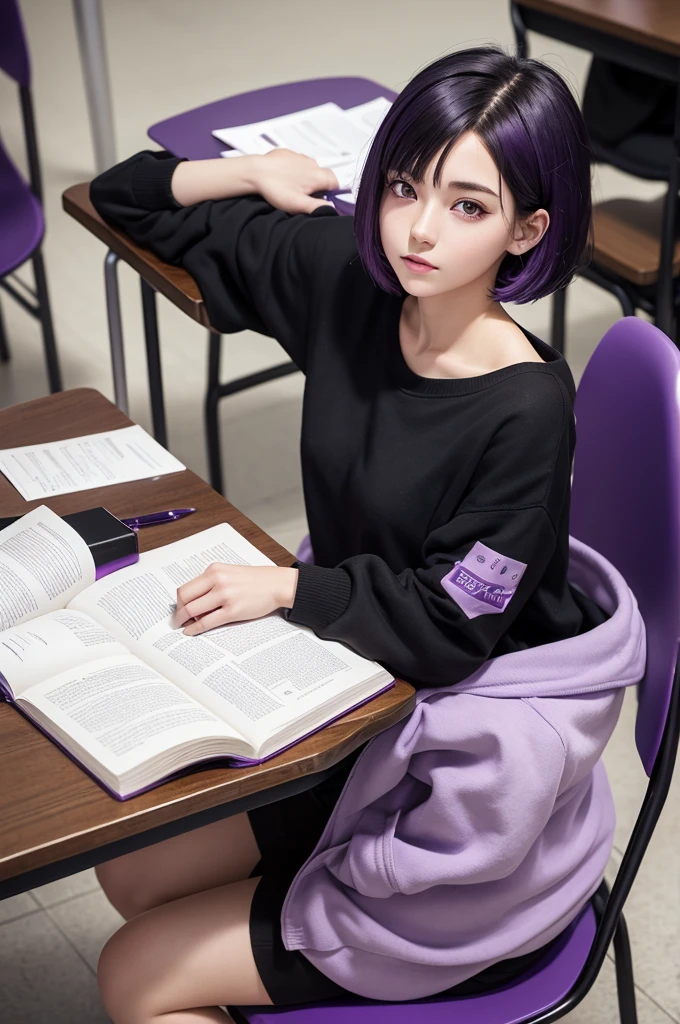 white woman, black hair, very short hair, half purple hair, black eyes, slanted eyes, casual clothes, black and purple clothing tones, sitting in a school chair, a table in front of her, an open book floating with purple energy around him, pen in the girl's hand, anime style