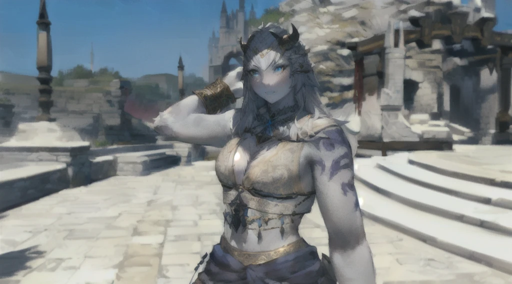 A beautiful female Hrothgar from Final Fantasy 14, pale grey skin, long white hair, detailed facial features, ornate dark clothing, intricate tribal tattoos, standing in a magical fantasy landscape, glowing magical runes, dramatic lighting, cinematic composition, highly detailed, photorealistic, 8k, masterpiece