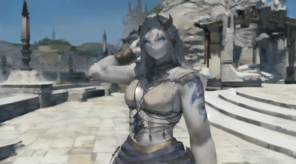 A beautiful female Hrothgar from Final Fantasy 14, pale grey skin, long white hair, detailed facial features, ornate dark clothing, intricate tribal tattoos, standing in a magical fantasy landscape, glowing magical runes, dramatic lighting, cinematic composition, highly detailed, photorealistic, 8k, masterpiece