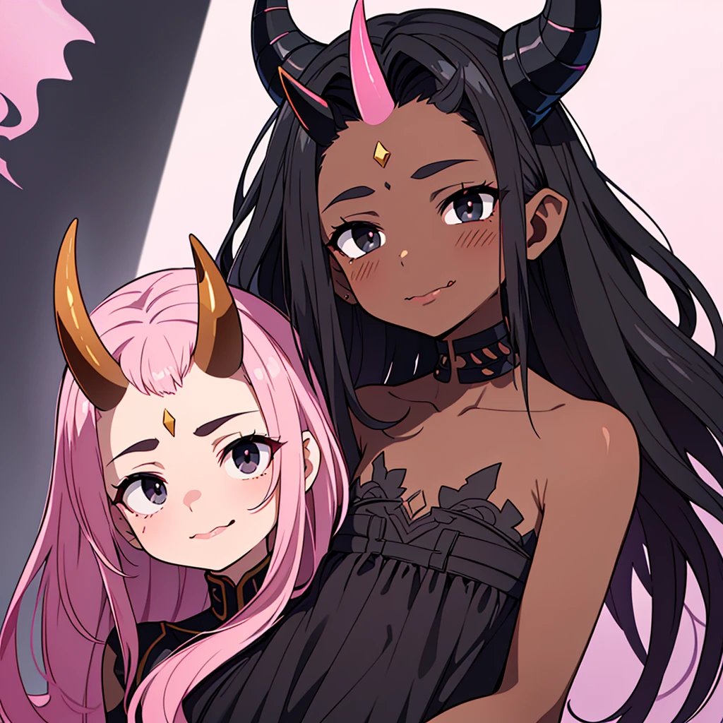 portrait, of an incubus ((male character)), with dark black skin, long flowing mixed hair ((smoky texture hair)), staring at the viewer ((black eyes, tender and melancholic look)), smiling sadly ((  thin lip, slightly pink)), disintegrating little by little on the right side of the face, horn ((small horn, two black horns, on the forehead)).