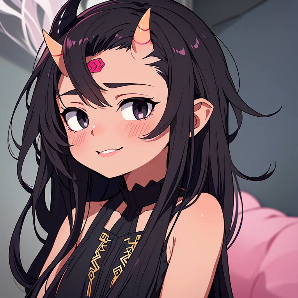portrait, of an incubus ((male character)), with dark black skin, long flowing mixed hair ((smoky texture hair)), staring at the viewer ((black eyes, tender and melancholic look)), smiling sadly (( thin lip, slightly pink)), disintegrating little by little on the right side of the face, horn ((small horn, two black horns, on the forehead)).