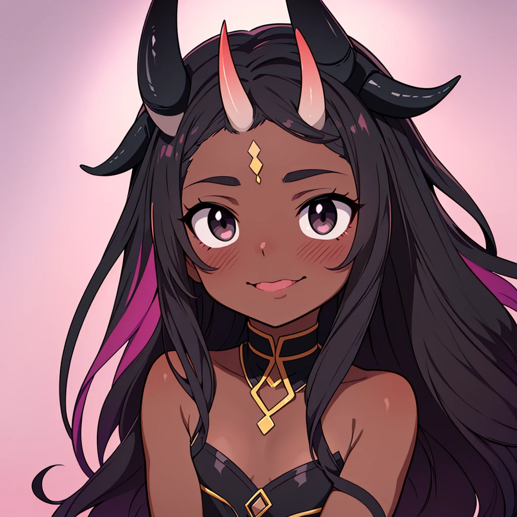 portrait, of an incubus ((male character)), with dark black skin, long flowing mixed hair ((smoky texture hair)), staring at the viewer ((black eyes, tender and melancholic look)), smiling sadly (( thin lip, slightly pink)), disintegrating little by little on the right side of the face, horn ((small horn, two black horns, on the forehead)).