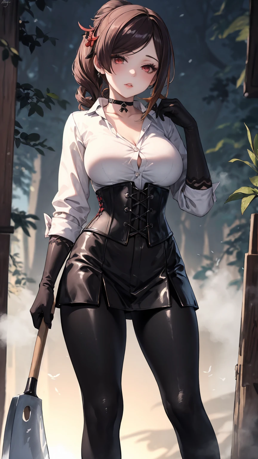 Masterpiece, Beautiful art, professional artist, 8k, Very detailed face, Detailed clothing, detailed fabric, 1 girl, Chiori \(genshin impact\), standing, perfectly drawn body, shy expression, pale skin, beautiful face, long black hair, 4k eyes, very detailed eyes, pink cheeks, choker:1.6, (white collar button down long sleeve shirt), black gloves, gloves that cover hands, (holds an ax with his right hand), (black leather corset), (shiny black leggings), Sensual Lips , evening de invierno, show details in the eyes, looking at the viewer, Dark road, dark forest, evening, Atmosphere, fog