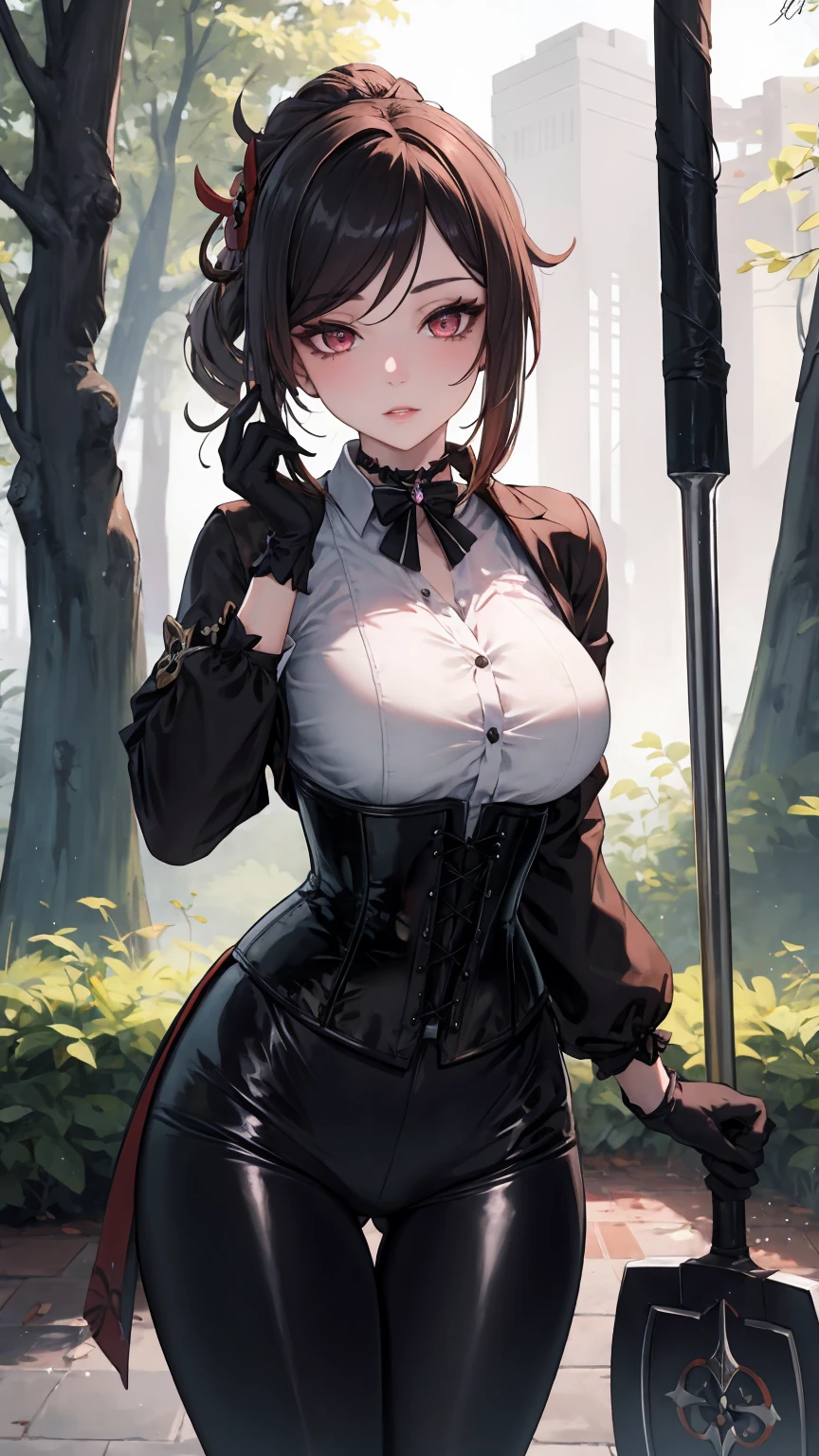  Masterpiece, Beautiful art, professional artist, 8k, Very detailed face, Detailed clothing, detailed fabric, 1 girl, Chiori \(genshin impact\), standing, perfectly drawn body, shy expression, pale skin, beautiful face, long black hair, 4k eyes, very detailed eyes, pink cheeks, choker:1.6, (white collar button down long sleeve shirt), black gloves, gloves that cover hands, (holds an ax with his right hand), (black leather corset), (shiny black leggings), Sensual Lips , evening de invierno, show details in the eyes, looking at the viewer, Dark road, dark forest, evening, Atmosphere, fog