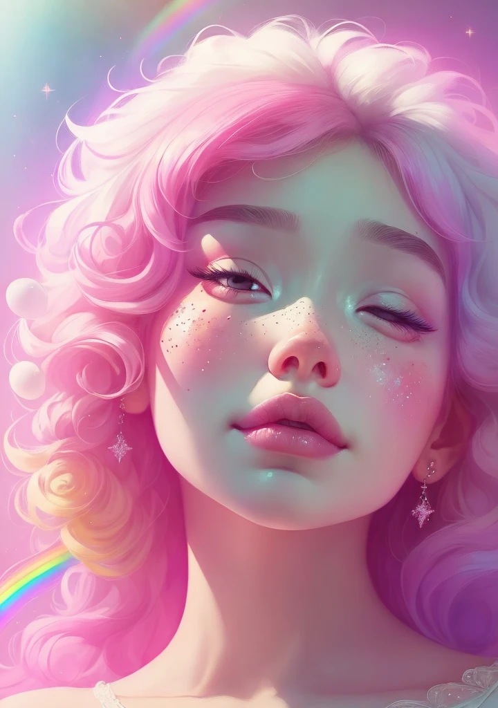 (This is a beautiful rainbow fantasy image that feels interesting and emphasizes glitter and iridescence.) Generate a ((blind)) curvy woman with colorful curly hair and milky white eyes. Her face is important and is perfectly formed with puffy lips and perfect features. (Her eyes are critically important and are (blank) and (solid white)). The image exudes ethereal beauty and soft fantasy. Include sweet and detailed birds and soft, luminous flowers in all the colors of the rainbow. The image's background is decorated in shades of pink, shimmer, glitter, and fantasy details like colored bubbles and cosmos. Utilize dynamic composition to create a compelling and action-packed image. Dramatic lighting and cinematic lighting enhance the woman's beauty and the soft colors in the artwork. (((((Perspective: head on.))))) Include fantasy, cute, colorful, colourful, interesting magic background, ((((blank eyes)))), ((((empty white eyes)))), (shirome eyes:1.3), (smirking), (perfectly rendered solid whiteeyes), ((birthmark on lip)), ((pretty lips)), beautiful background, complex background, sweet background, (((rainbow)))