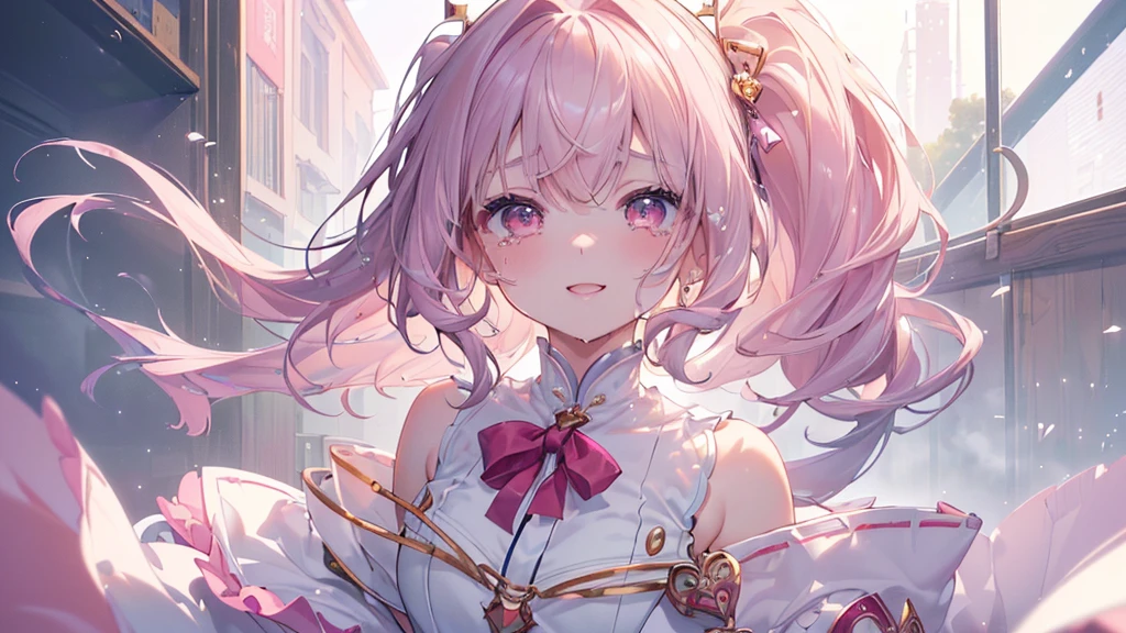 (((Highest quality、masterpiece、Ultra-fine、Ultra-fine、Exquisite、16K、Full HD,Asahi,high school girl,))) 、Dark Eyes、Long eyelashes、White skin、(Pale pink lips、Pale pink cheeks、thin and long)、 ((cute)) ((One person)) 、((tears,The best smile)) 、Wide Shot、epic proportion)、