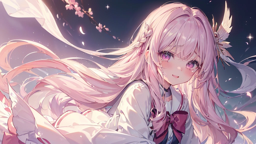 (((Highest quality、masterpiece、Ultra-fine、Ultra-fine、Exquisite、16K、Full HD,Asahi,high school girl,))) 、Dark Eyes、Long eyelashes、White skin、(Pale pink lips、Pale pink cheeks、thin and long)、 ((cute)) ((One person)) 、((tears,The best smile)) 、Wide Shot、epic proportion)、