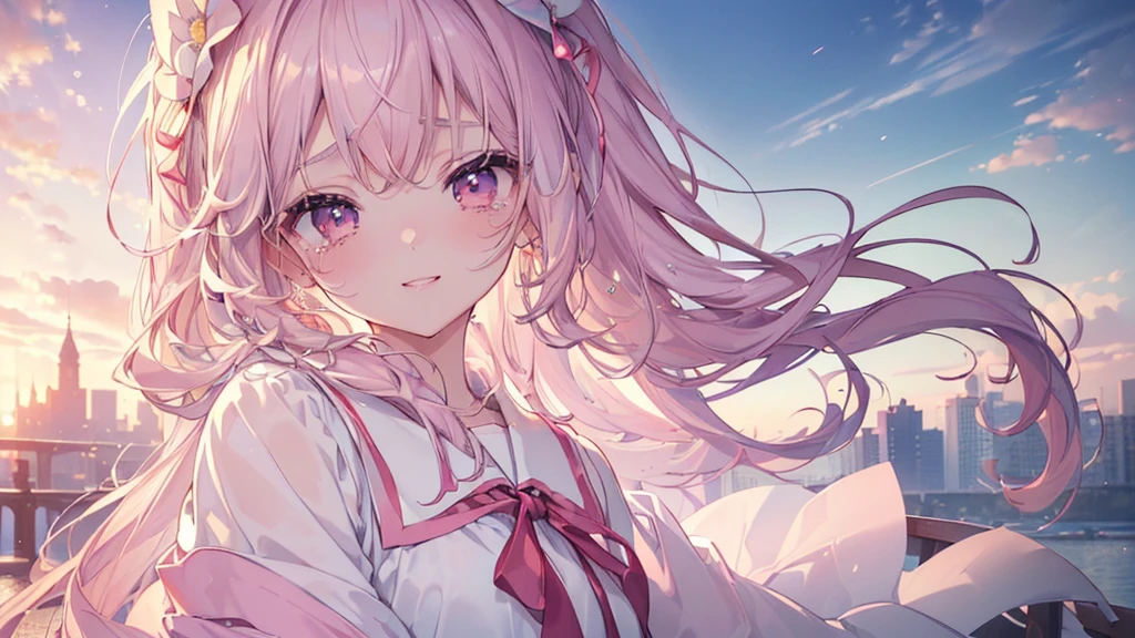 (((Highest quality、masterpiece、Ultra-fine、Ultra-fine、Exquisite、16K、Full HD,Asahi,high school girl,))) 、Dark Eyes、Long eyelashes、White skin、(Pale pink lips、Pale pink cheeks、thin and long)、 ((cute)) ((One person)) 、((tears,The best smile)) 、Wide Shot、epic proportion)、
