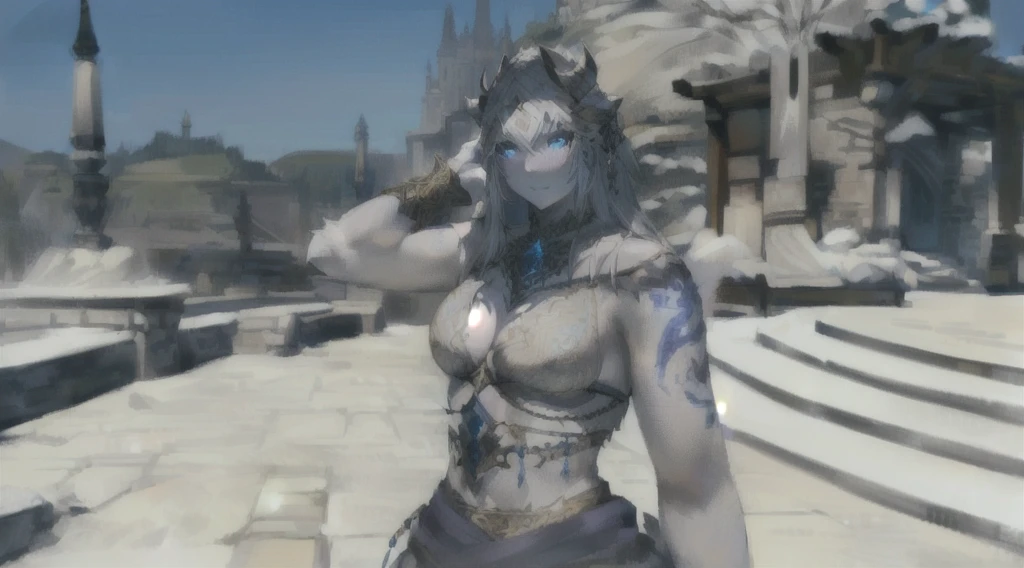 A beautiful female Hrothgar from Final Fantasy 14, pale grey skin, long white hair, detailed facial features, ornate dark clothing, intricate tribal tattoos, standing in a magical fantasy landscape, glowing magical runes, dramatic lighting, cinematic composition, highly detailed, photorealistic, 8k, masterpiece