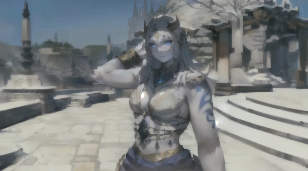 A beautiful female Hrothgar from Final Fantasy 14, pale grey skin, long white hair, detailed facial features, ornate dark clothing, intricate tribal tattoos, standing in a magical fantasy landscape, glowing magical runes, dramatic lighting, cinematic composition, highly detailed, photorealistic, 8k, masterpiece